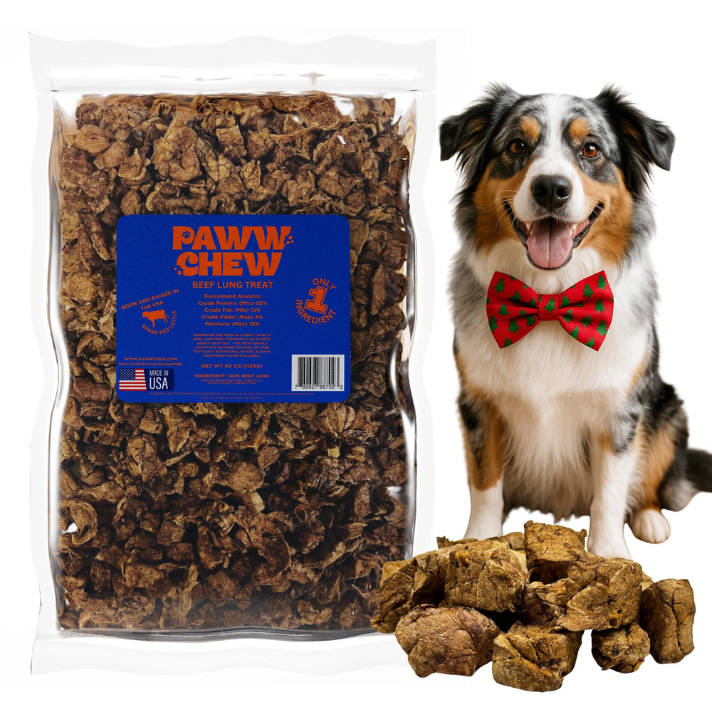Paww Chew Beef Lung Treats packaging highlights USA-made, single-ingredient protein for training rewards.