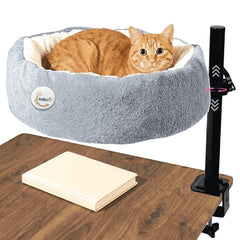 Pawzentic cat desk bed shows one-button lift and rotate for easy height adjustment.