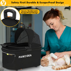 PAWZIDEA crate on car seat secured with seatbelt for safe road trips.
