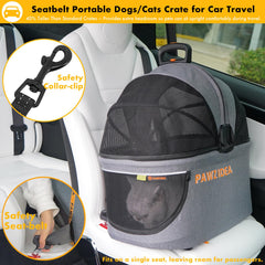 PAWZIDEA car-seat compatible crate shows seatbelt threading for stable travel