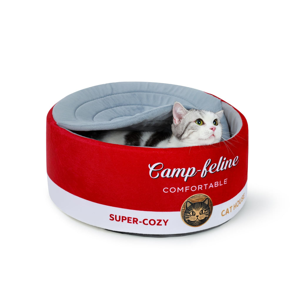 PECHVINO can-shaped cat bed front view—red cozy hideaway for cats' comfort.