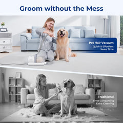 Pecute vacuum with clipper attachments enables precise trimming and efficient fur collection.