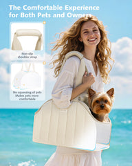 Pecute dog purse carrier back view demonstrates ergonomic wear and airflow.