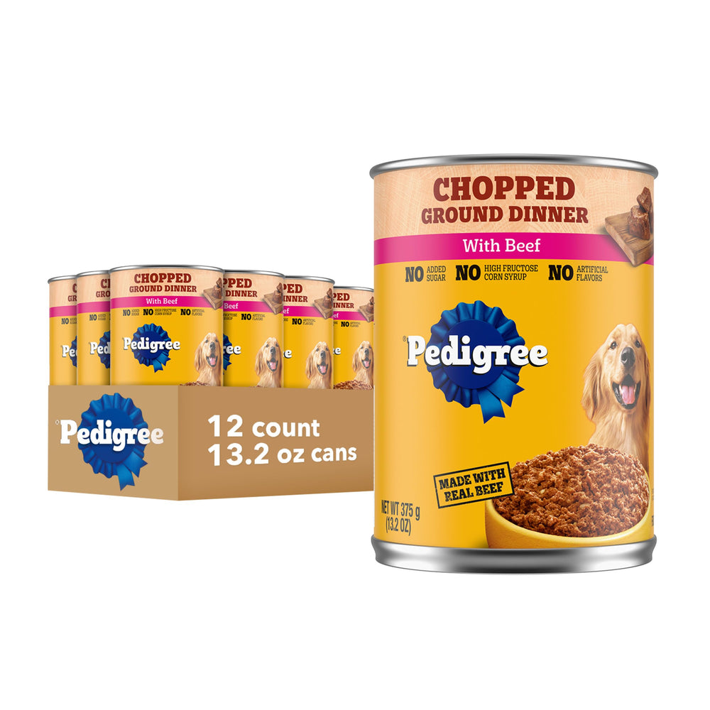 Pedigree Chopped Ground Dinner beef chunks in gravy offer lean muscle support.