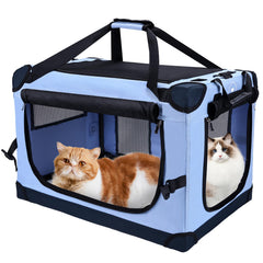 PEGIC large cat carrier blue with car-travel view and secure seatbelt straps for safe road trips.