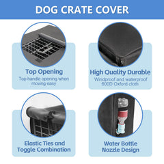 Peipaws dog crate cover highlights 600D Oxford waterproof fabric for durability.