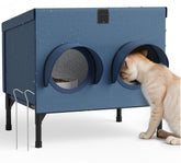 PELUMOZ outdoor cat feeding shelter navy front view shows spacious, dry dining space for feral cats.