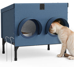 PELUMOZ outdoor cat feeding shelter navy front view shows spacious, dry dining space for feral cats.