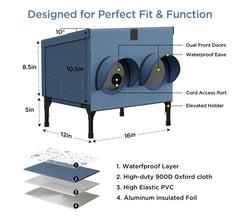PELUMOZ outdoor shelter navy side view highlights dual-feed holes protecting bowls from weather.