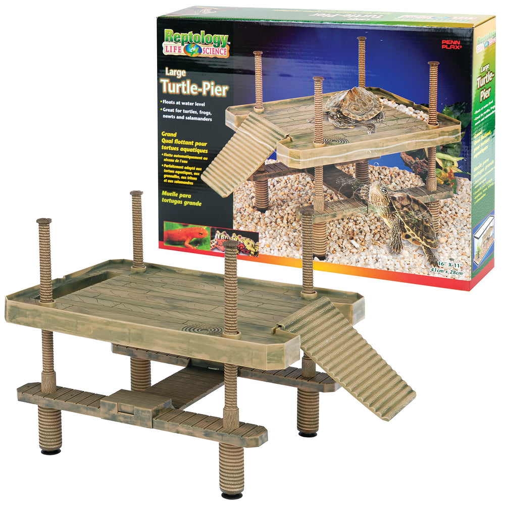 Penn-Plax Reptology floating turtle pier dock above water for resting.