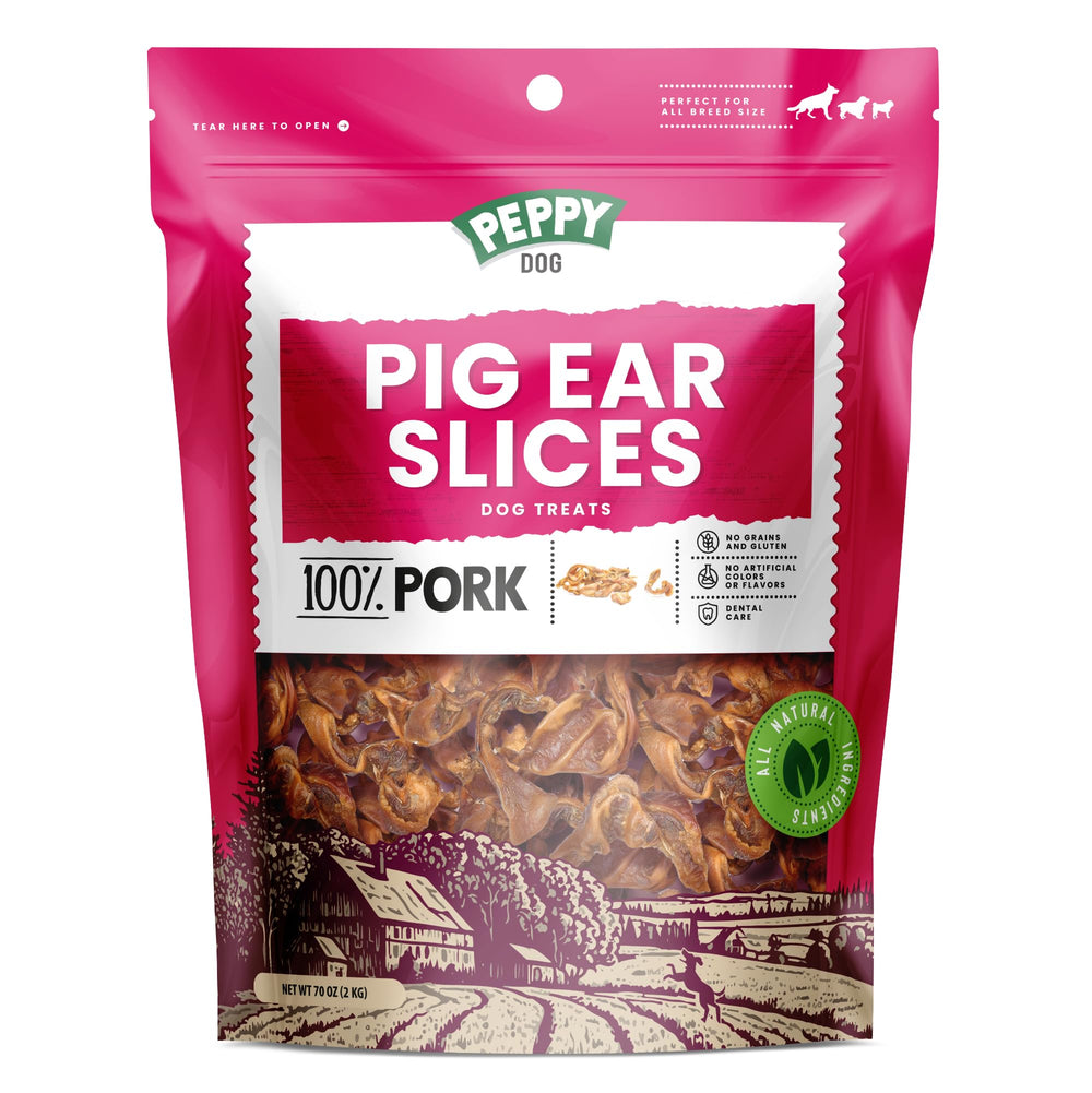 Peppy Dog all-natural pork ear strip pack shows simple ingredients for a satisfying daily chew.