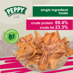 Peppy Dog Half Pig Ears in bowl, satisfying long-lasting chew