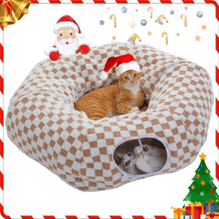 PEQULTI cat tunnel bed plush donut closeup highlighting cozy nap space