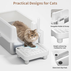 PereHome high-sided stainless steel litter box prevents overflow and keeps litter contained.
