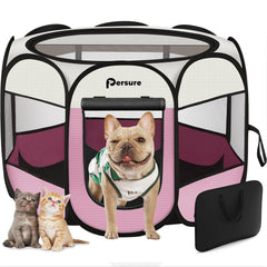 Persure dog-cat playpen setup demonstrates quick, portable containment for indoor or outdoor use.
