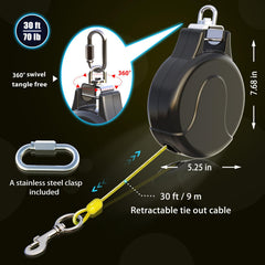 Pestairs dog tie out reel in-use with aerial trolley for secure setup.