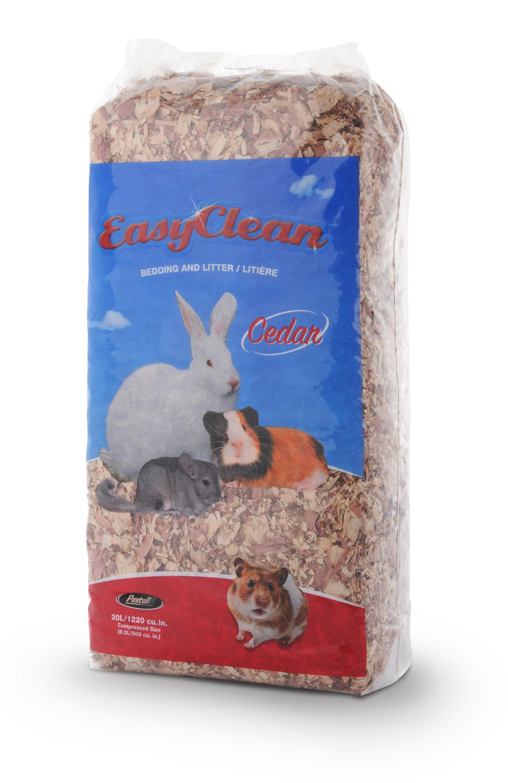 Pestell Easy Clean Cedar Bedding 20L bag highlights cedar aroma for natural nesting comfort.