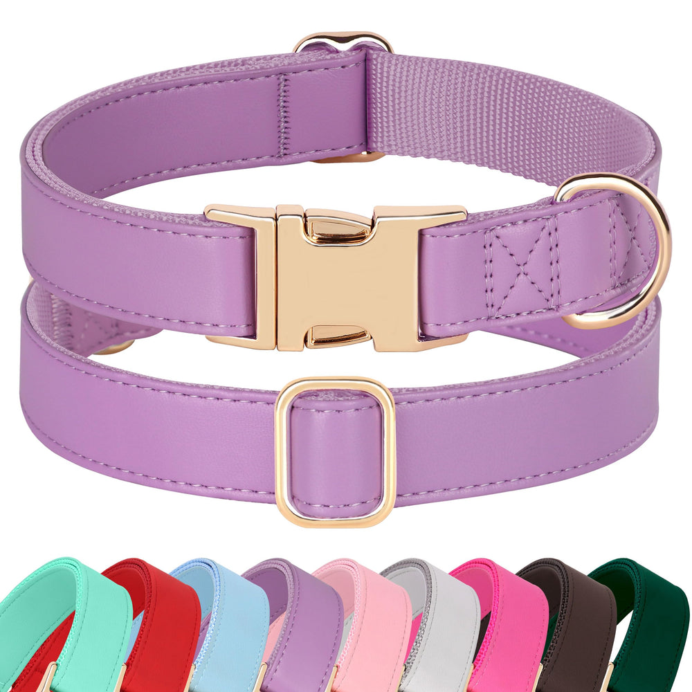 PET ARTIST PU leather dog collar purple buckle closeup highlights durable hardware for daily wear