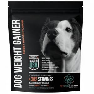 PET CARE Sciences dog weight gainer bottle shows a protein-rich formula for healthier muscle support.
