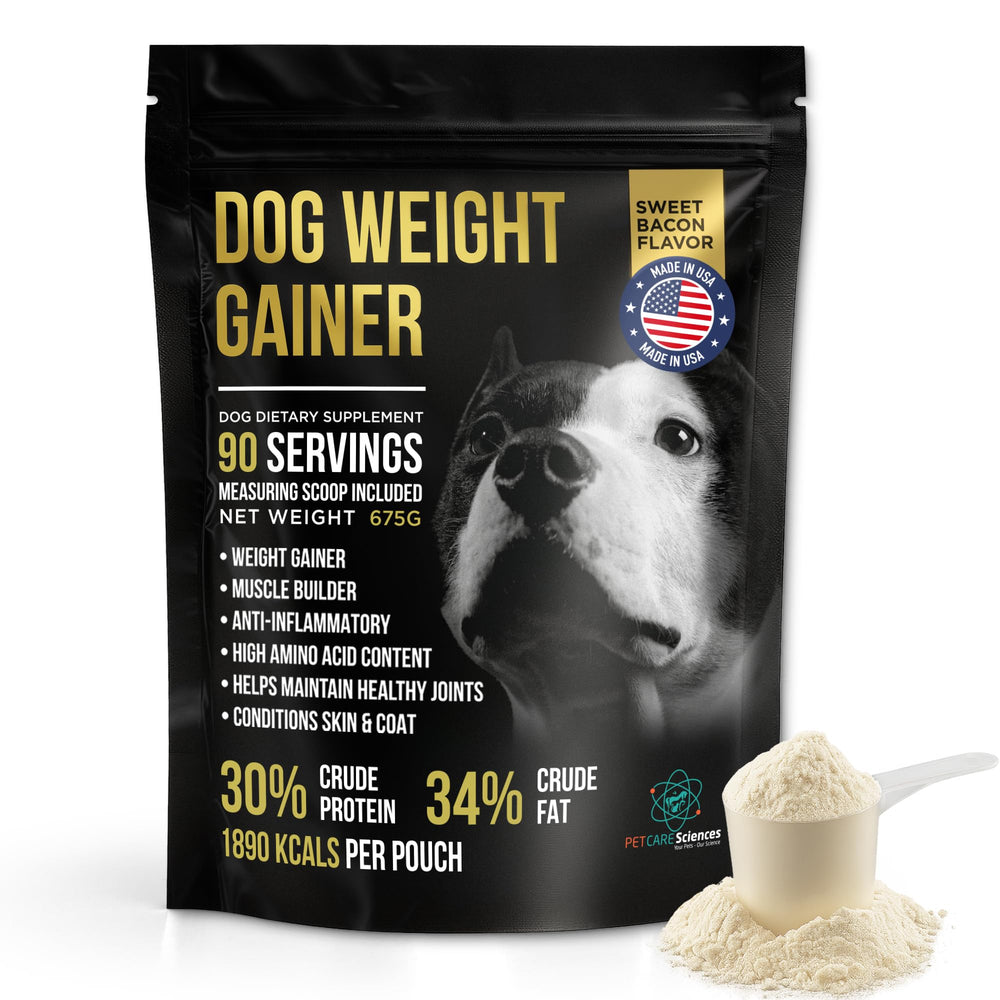 PET CARE Sciences Dog Weight Gainer bag of powder boosts calories for growth.