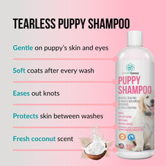 PET CARE Sciences Tearless Puppy Shampoo lather image emphasizes easy bath time and gentle cleansing.