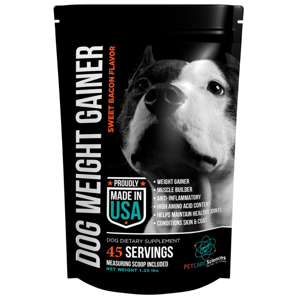 PET CARE Sciences weight gainer bag open for easy scooping to support healthy weight gain