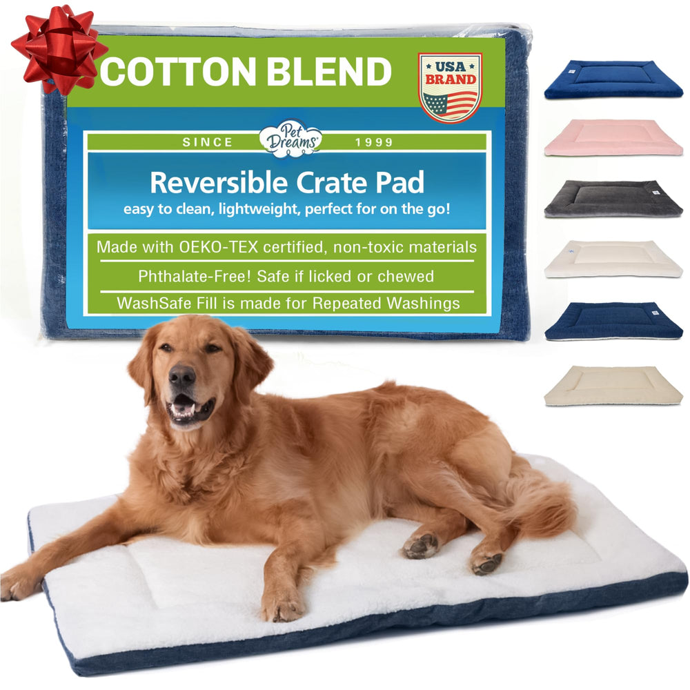 Pet Dreams dog crate pad denim flat lay shows the crate mat's design