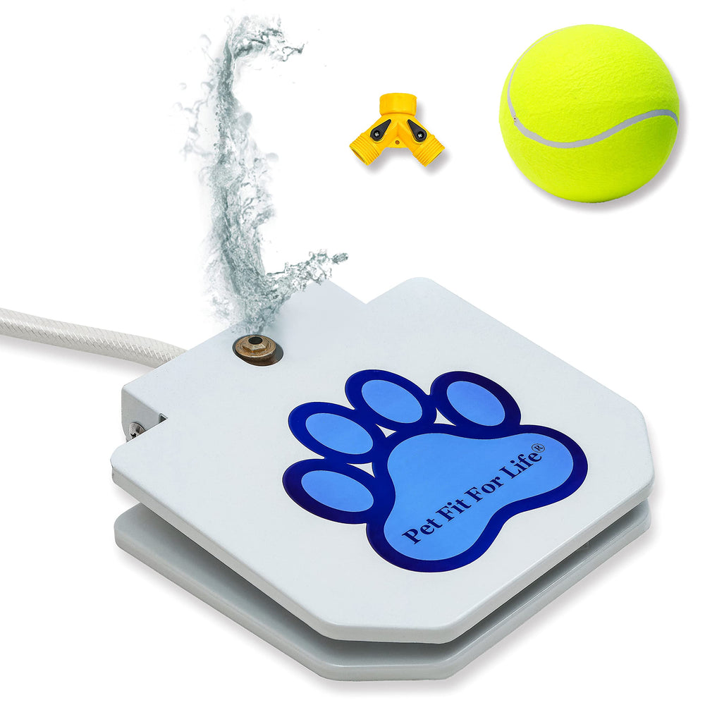 Pet Fit For Life dog pedal fountain setup shows portable hydration for outdoor play