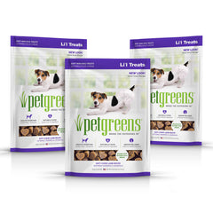 Pet Greens soft-chew Li'l Treats salmon pack shows tasty training reward for small dogs.