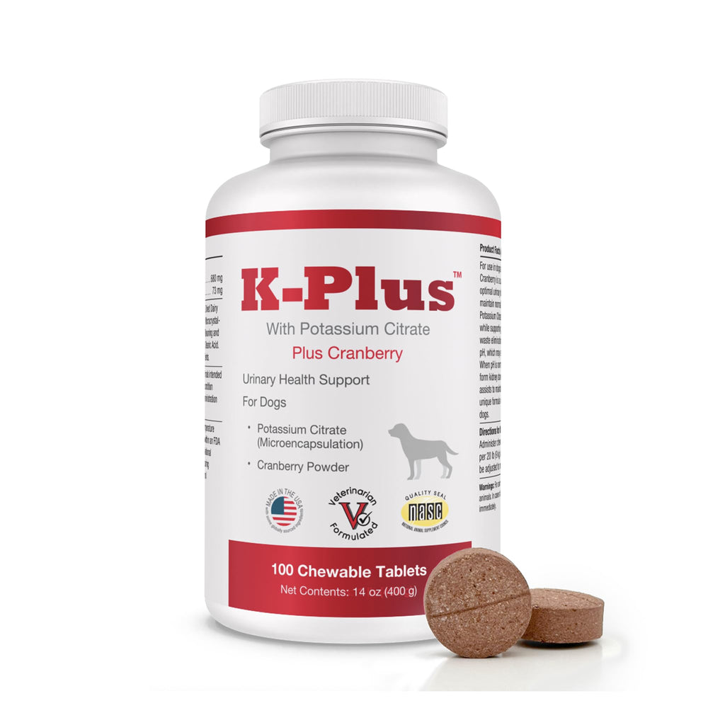 Pet Health Solutions K-Plus potassium citrate cranberry tablets bottle highlights urinary health support.