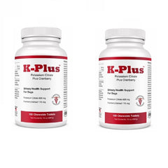 Pet Health Solutions K-Plus bottle of potassium citrate cranberry tablets highlighting urinary health support.