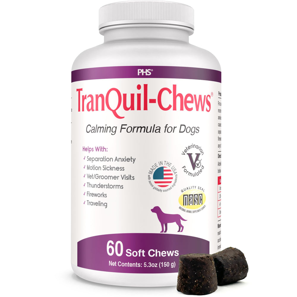 Pet Health Solutions Tranquil-Chews bottle shows calm dog support during stress.