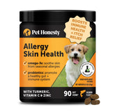 Pet Honesty Allergy Skin Health chews bottle closeup highlighting daily skin support benefits.