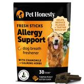 Pet Honesty Allergy Support Fresh Dental Sticks packaging image showing dual-action oral and immune care.