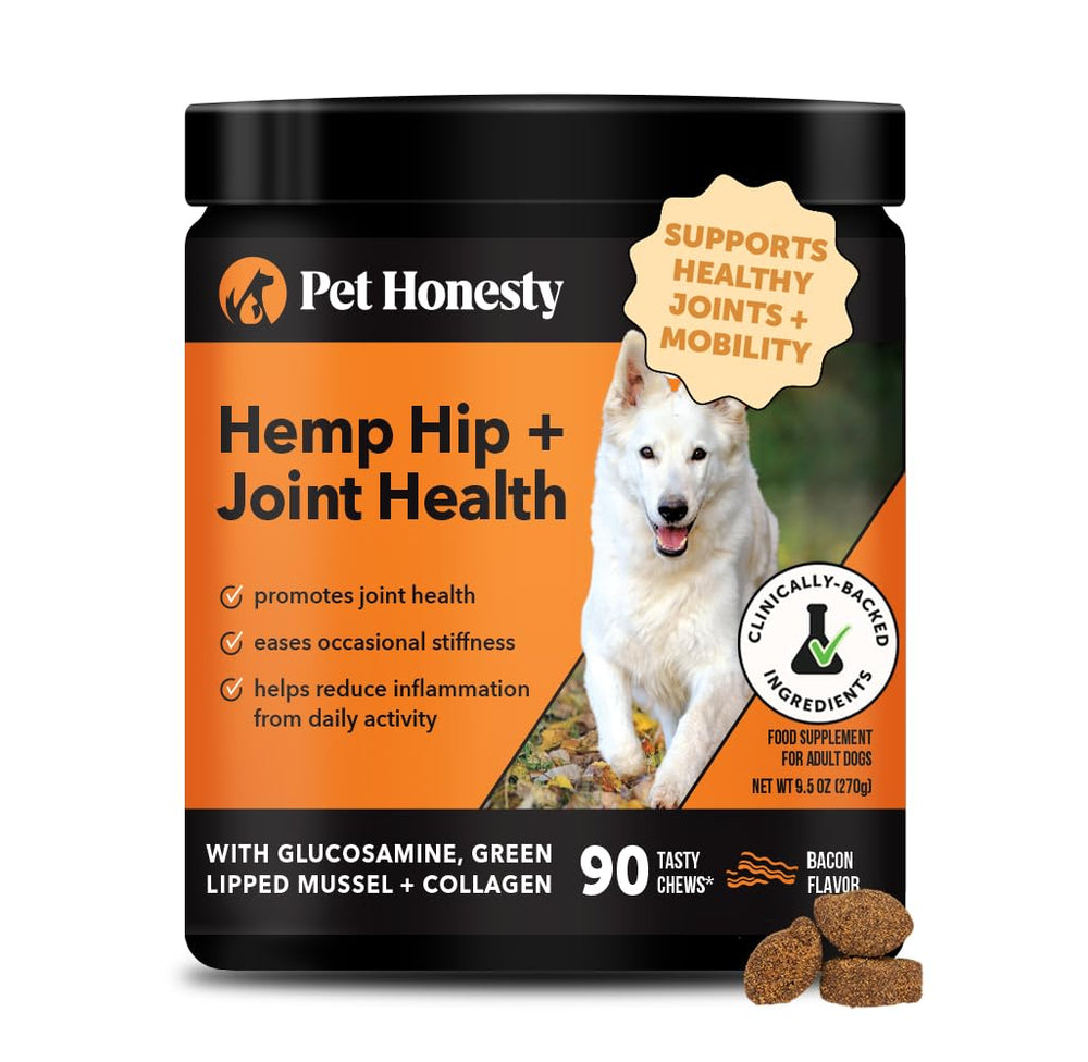 Pet Honesty bacon hip joint chews tub provide tasty mobility support for dogs