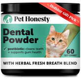 Pet Honesty cat dental powder tub front showing powder texture for daily dental care