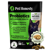 Pet Honesty Cat Probiotics Chews bottle shows daily digestive support