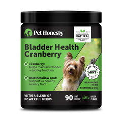 Pet Honesty Cranberry Bladder Health dog chews showcasing bacon-flavored formula for urinary support