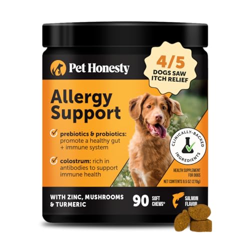 Pet Honesty Dog Allergy and Itch Relief salmon chews in bottle for easy daily use