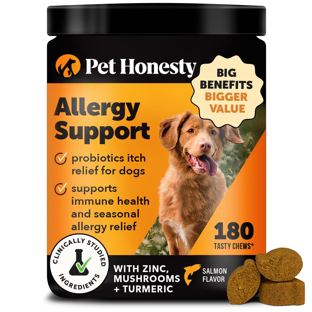 Pet Honesty dog allergy relief salmon chews for itchy skin comfort.