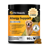 Pet Honesty allergy-relief-chews package shows daily allergy support.