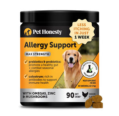 Pet Honesty allergy-relief-chews package shows daily allergy support.