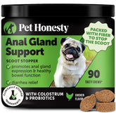 Pet Honesty dog scoot stopper bottle promotes anal gland support with tasty chews.