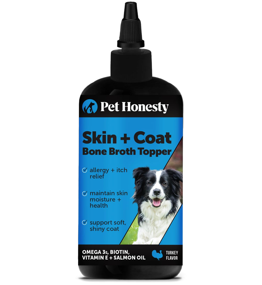 Pet Honesty dog skin and coat with salmon oil bottle highlights nourishing coat support