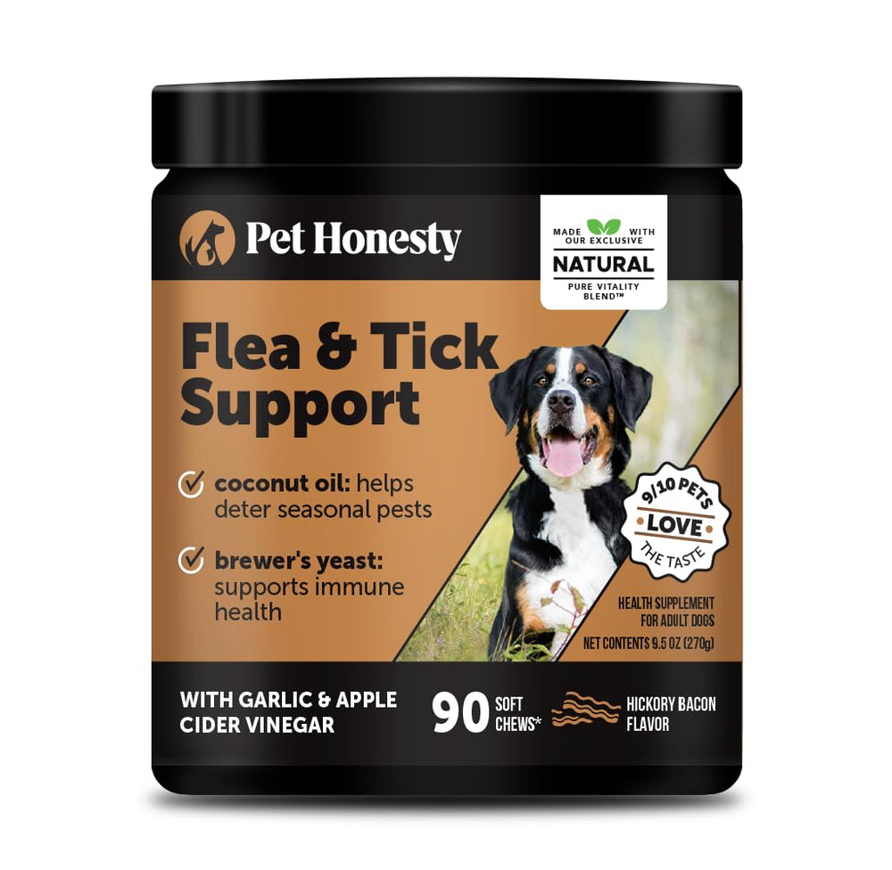 Pet Honesty flea tick chews bottle highlights natural protection for dogs
