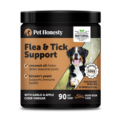 Pet Honesty flea tick chews bottle highlights natural protection for dogs