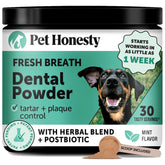Pet Honesty fresh breath powder tin aids daily dental care for dogs.