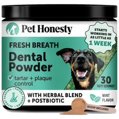 Pet Honesty fresh breath powder tin aids daily dental care for dogs.