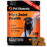 Pet Honesty hip & joint soft chews bottle highlights mobility support for dogs.