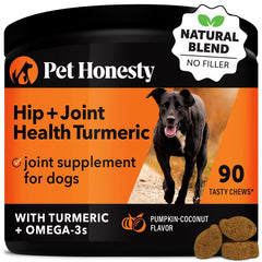 Pet Honesty Hip & Joint turmeric soft chews pumpkin jar shows tasty joint support for active dogs